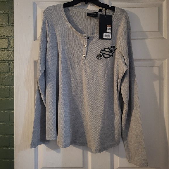 NWT Harley Davidson Women's Fireside Roses Thermal Henley Gray Size 1W - Picture 7 of 8